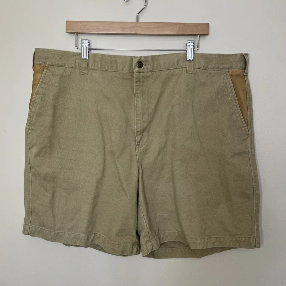Vintage‎ Orvis Duck Cloth Canvas Shorts Men's 44 Beige Leather Trim Flat Front